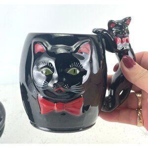 Vintage 50s black cat mug, ceramic, kitty handle red bow, Shafford Japan, for 1